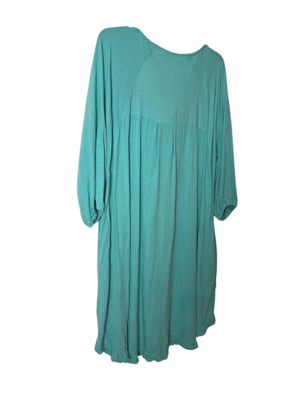 Umgee+ Turquoise Linen-Cotton Midi Dress 3/4 Sleeves Keyhole Neckline Ruffled He - Picture 9 of 12